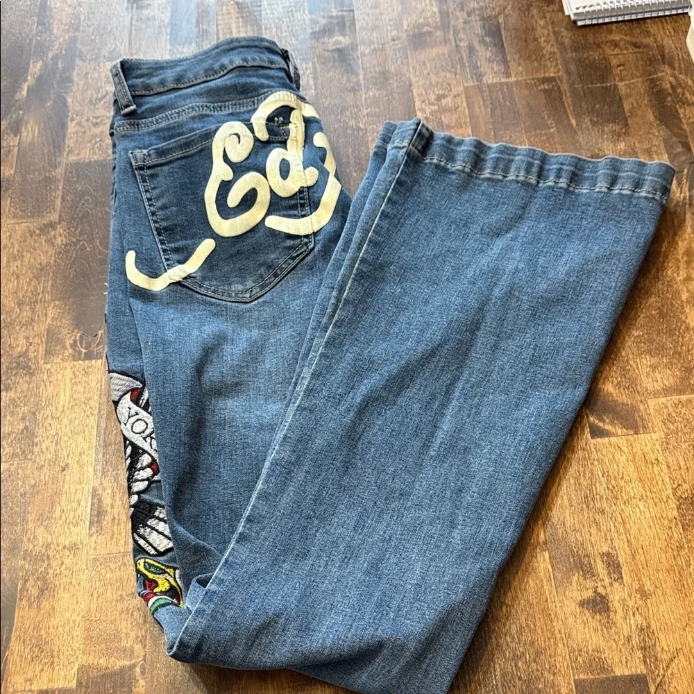 ED HARDY Vintage Y2K Flare Jeans  Embroidery Size 28 - Picture 5 of 14